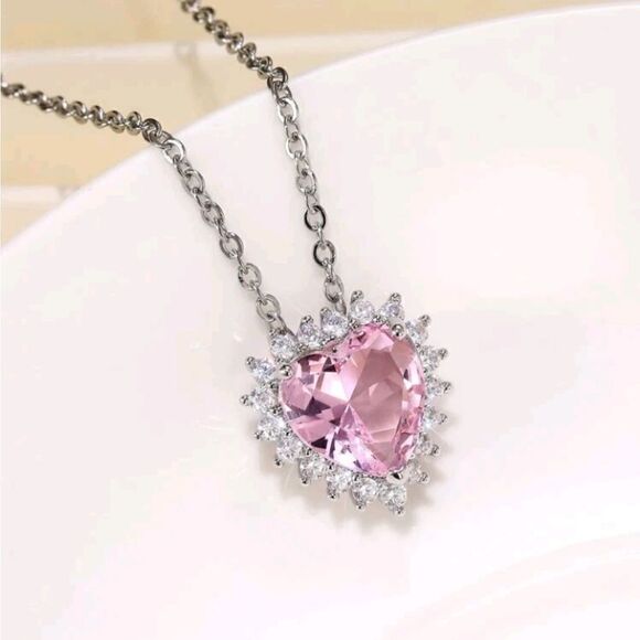 Rhinestone Heart Charm Pendant Necklace - Picture 3 of 5